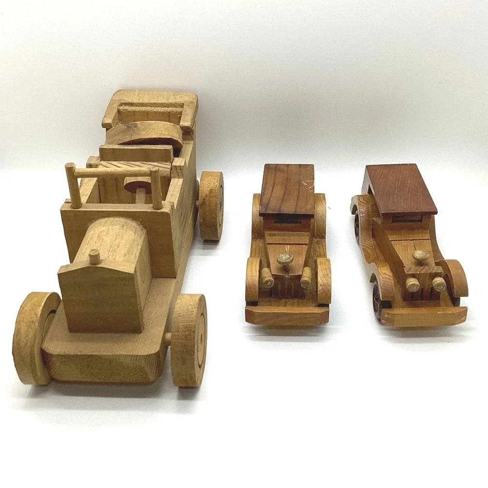 Vintage Handmade Wooden Toy Cars Set of 3 Antique Style Model T Sedan Roadster‎